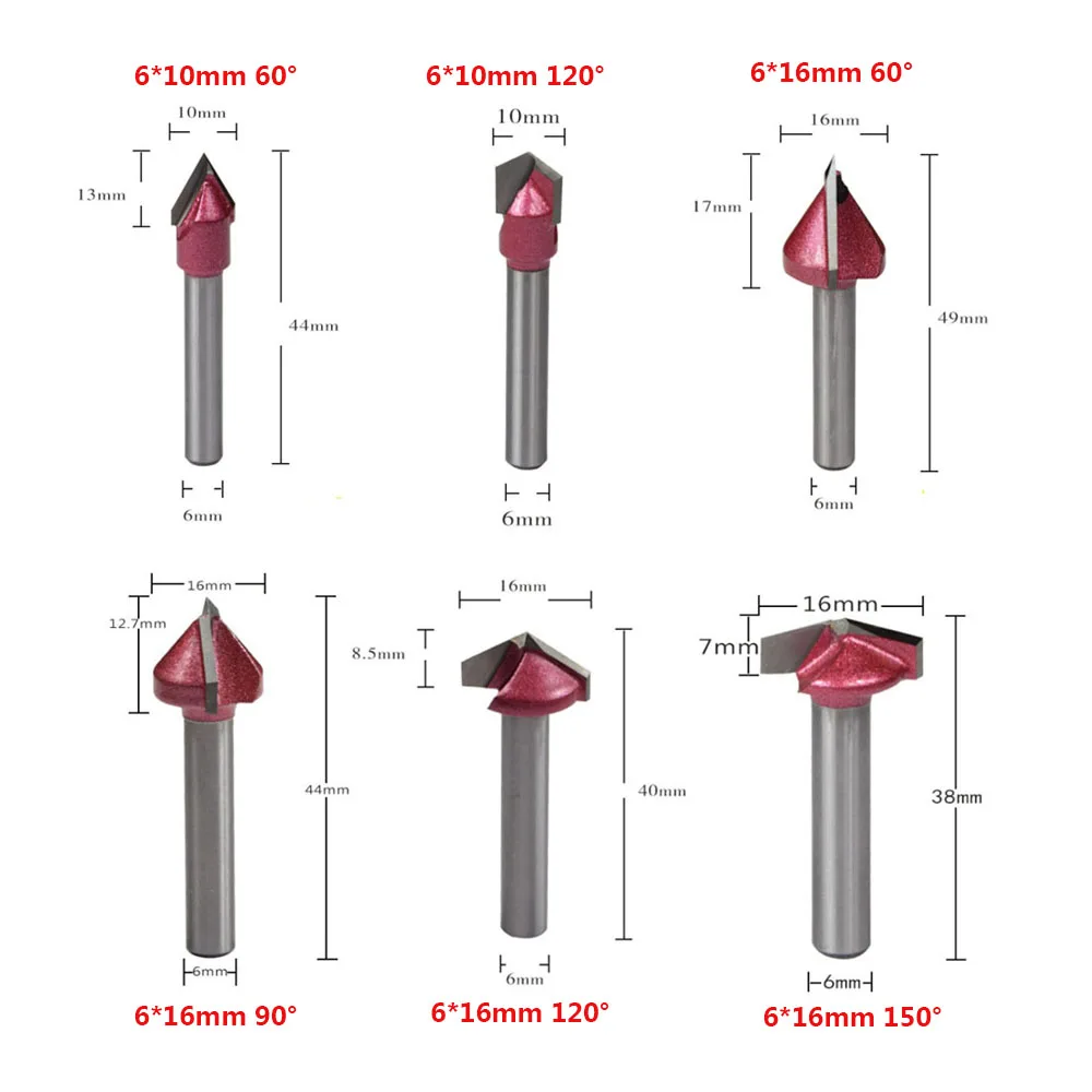 1PC 6mm V Type RED Woodworking Cutter with 60/90/120/150 Degree for Computer Engraving Machine