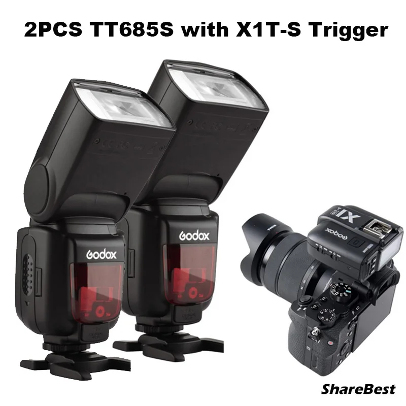 2pcs Godox TT685S TTL HSS GN60 Speedlite Flash for Sony A7 II A7R II A7S II A6300 +1pcs X1T-S TTL 2.4G HSS Wireless Trigger GIFT