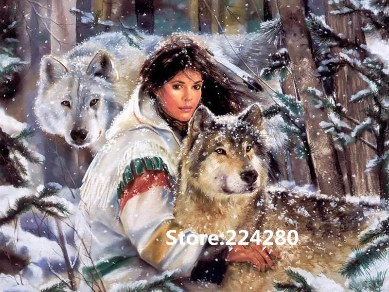 

Needlework,DIY 16ct 18ct 14CT Unprinted Art Cross stitch kits,Embroidery Wolf soul Indian girl Cross-Stitching,Crafts home decor