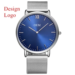 CL024 Private Label OEM Watch Manufacturer Simple Design Your Own Watches Men Leather and Mesh Strap Watch Logo Blue Face Clock