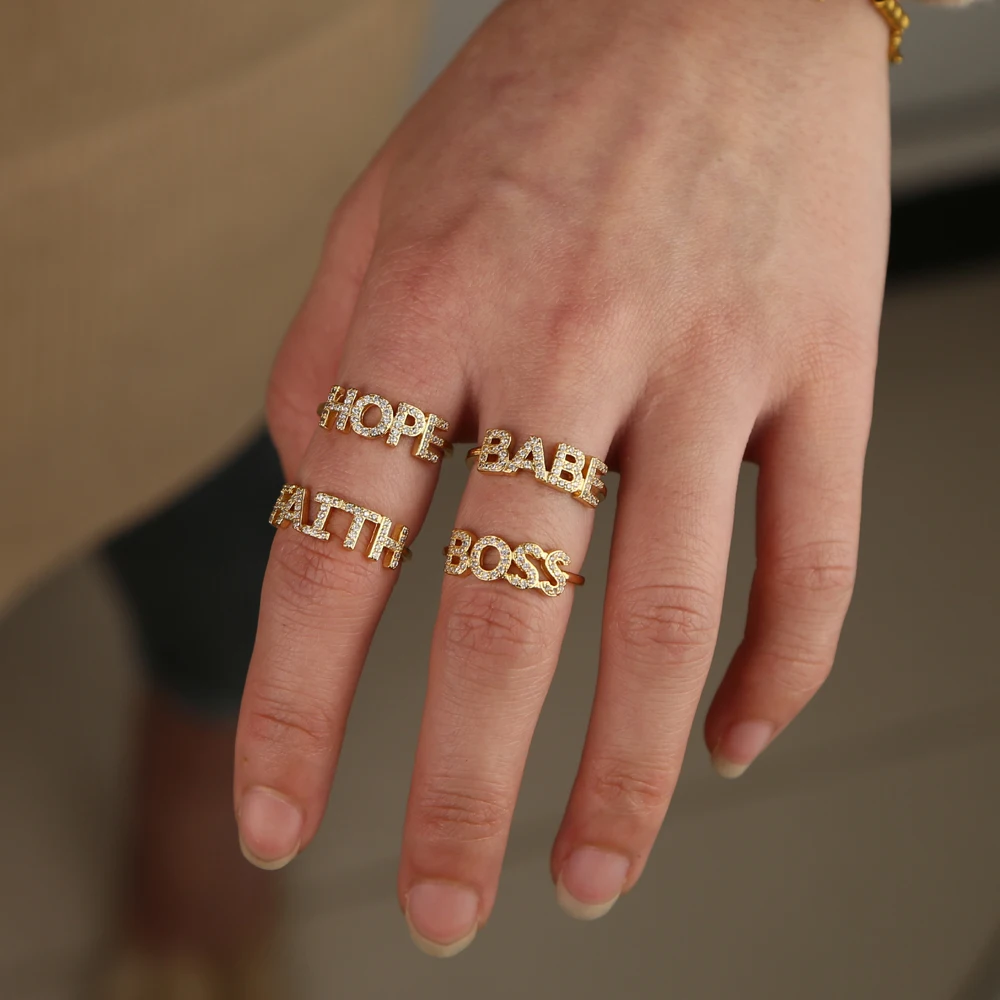 customize letter women finger ring gold color size 6 7 8 pave cz fashion meanning engagement rings