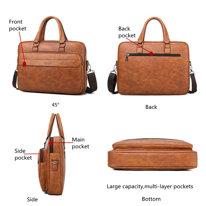 JEEP BULUO High Quality Business Leather Shoulder Messenger Bags Famous Brand Men Briefcase Bag Travel Handbag 13.3 inch Laptop