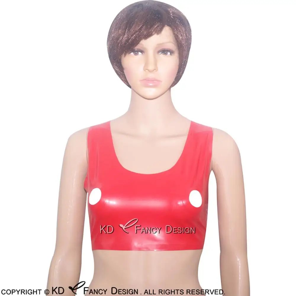 Red Sexy Latex Bras With Nipple Open Straps Buttons At Back Rubber Crop Top Lingerie Brassieres 0001