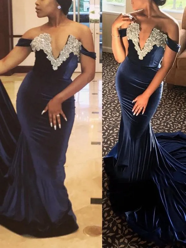 Vintage Navy Mermaid Evening Dresses 2021 Robe De Soiree Appliques Off-The-ไหล่ Gowns อย่างเป็นทางการผู้หญิงพิเศษโอกาสสวมใส่