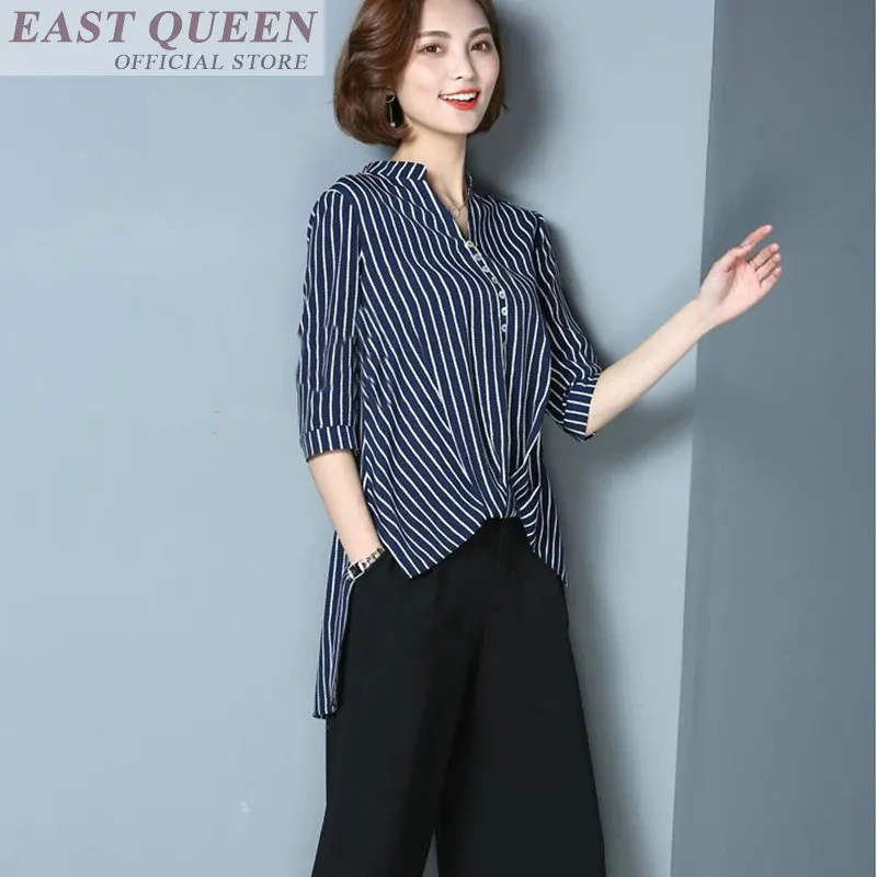 Mùa hè phụ nữ áo cánh dài tay áo đứng cổ áo sọc elegant văn phòng làm việc tops nữ thời trang không đối xứng sơ mi DD617 L