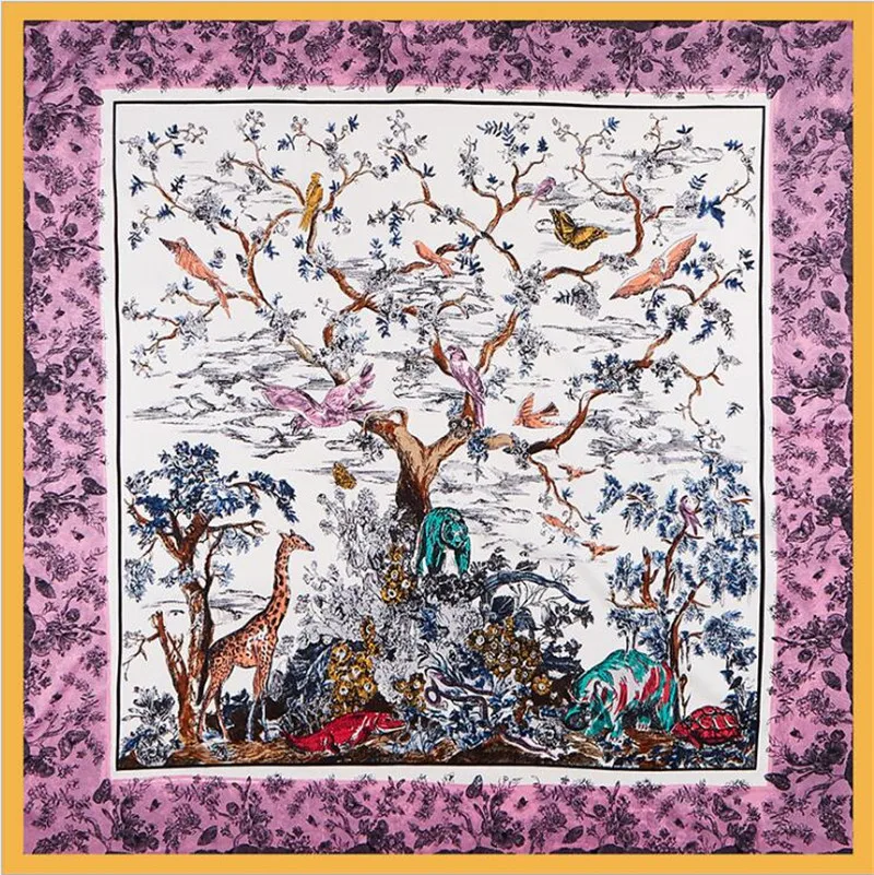 POBING Twill Silk Scarf Women Animals Tree Square Scarves Large Bandana Big Kerchief Hijab Scarf Female Head Scarf Foulard