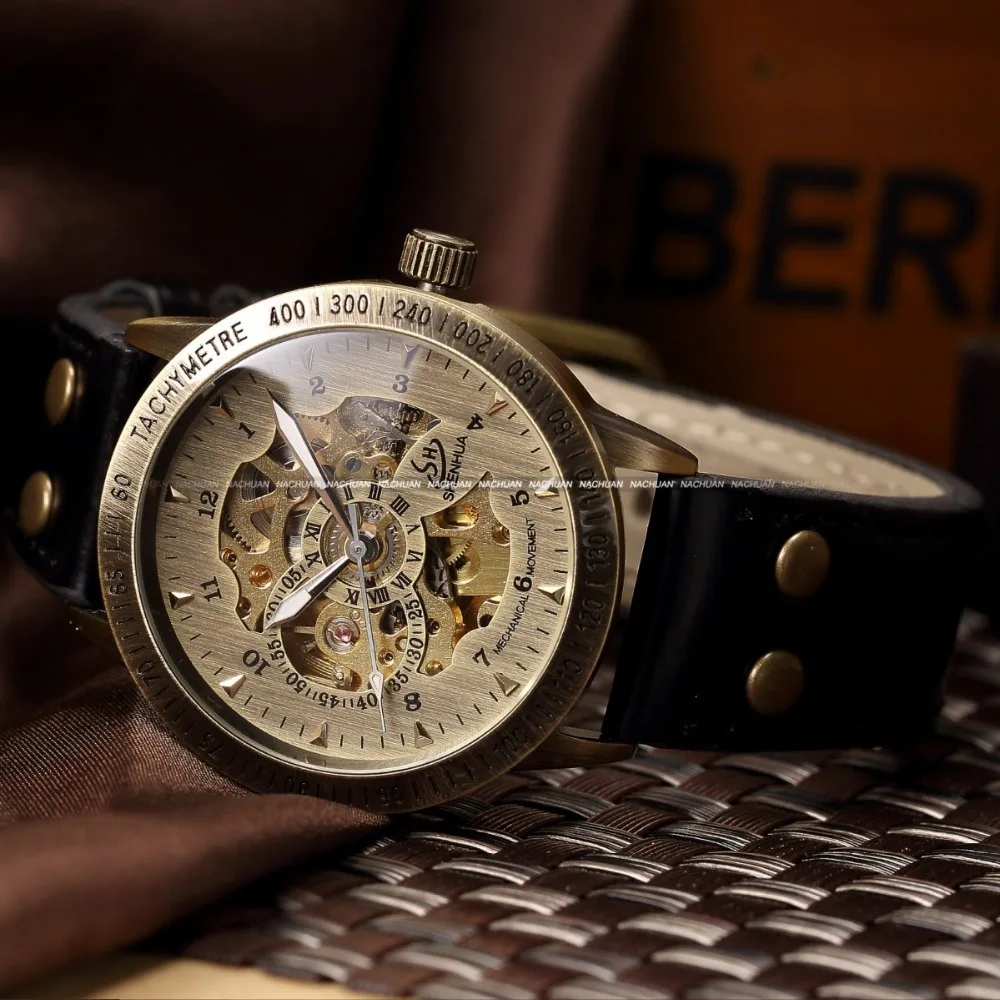 Shenhua Brand Vintage Bronze Automatic Skeleton Mechanical watches Men Analog Leather Wrist Watch Casual Watch ErkekKol Saati