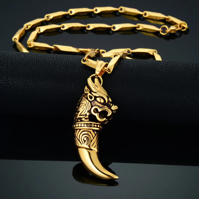 Men's Dragon Wolf Tooth Necklace Punk Gold Color Stainless Steel Animal Pendant Necklace Male Cool Viking Jewelry Dropshipping