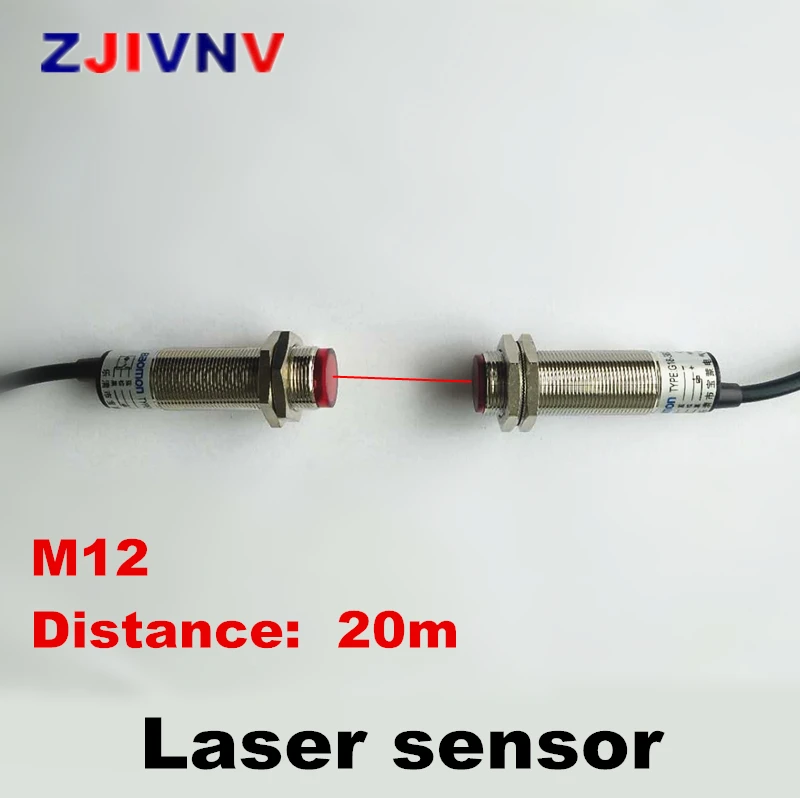 

Лазерный фотоэлектрический датчик M12, видисветильник красный свет через луч, тип NPN PNP без расстояния 20 м, нормально открытый переключатель