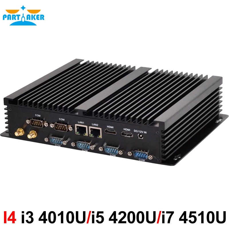 Partaker I4 PC Mini Industri Tanpa Kipas dengan 6 COM 2 HDMI 2 Lan Warna Hitam Prosesor Intel Core I5 4200U I7 4500U Komputer Mini