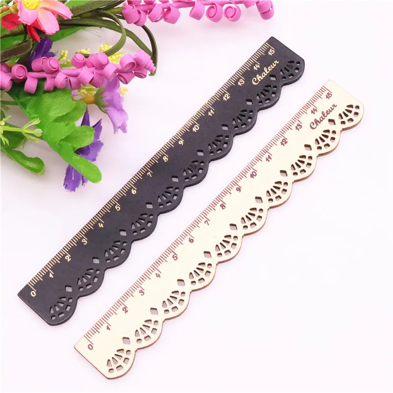 1 Pcs 15cm lace ruler wave small fresh cute sweet lace wooden ruler retro lace carving log ruler student stationery