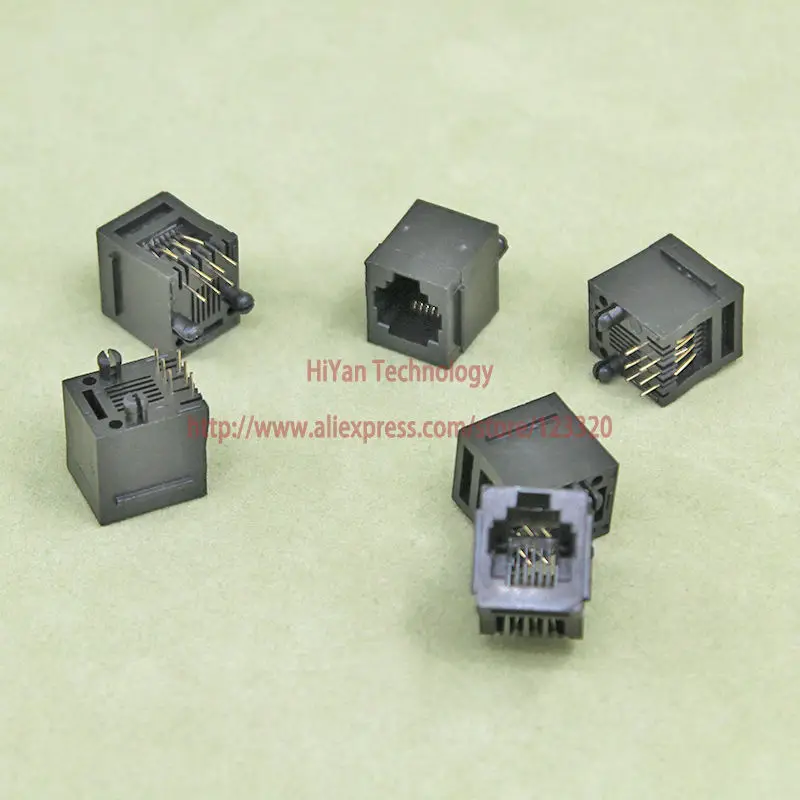 (50pcs/lot) RJ11 52-6P6C Black Modular Jack Network Telephone Socket 6 Pin 180 Degree Needle Welded Type With Side