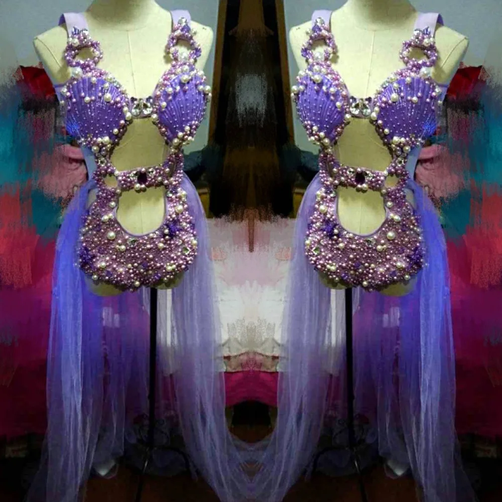 Purple Shell Pearl Crystals Bodysuit Three Piece Sets Shining Crystals Female Bodysuit Sexy Bar DJ Singer Dancing perIformance