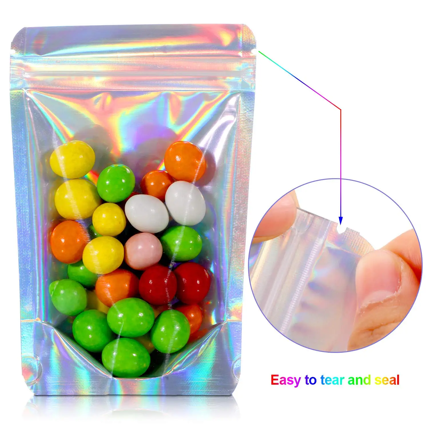 50pcs Laser Aluminum Foil Mylar Zip Lock Pouch Clear Hologram Rainbow Stand Up Zip Lock Plastic Packaging Bag with Tear Notch