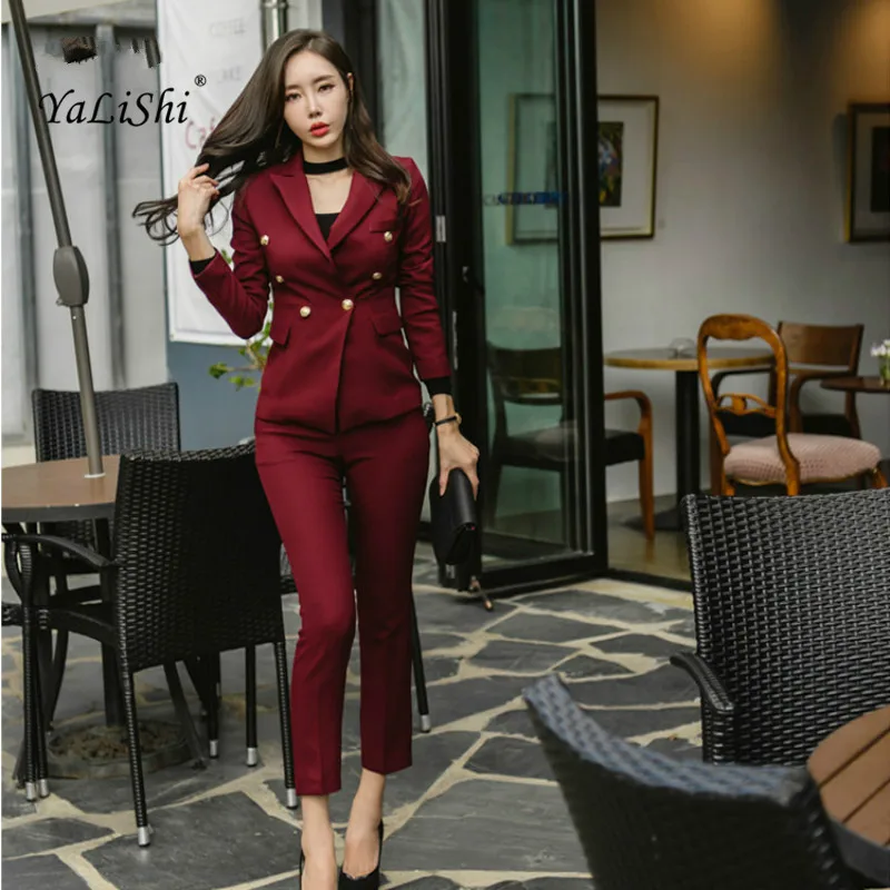 

High end Women 2 Piece Set 2022 Autumn Red Full Sleeve Notched Suit Button Elegant Office Top and Full Length Casual Work Pants