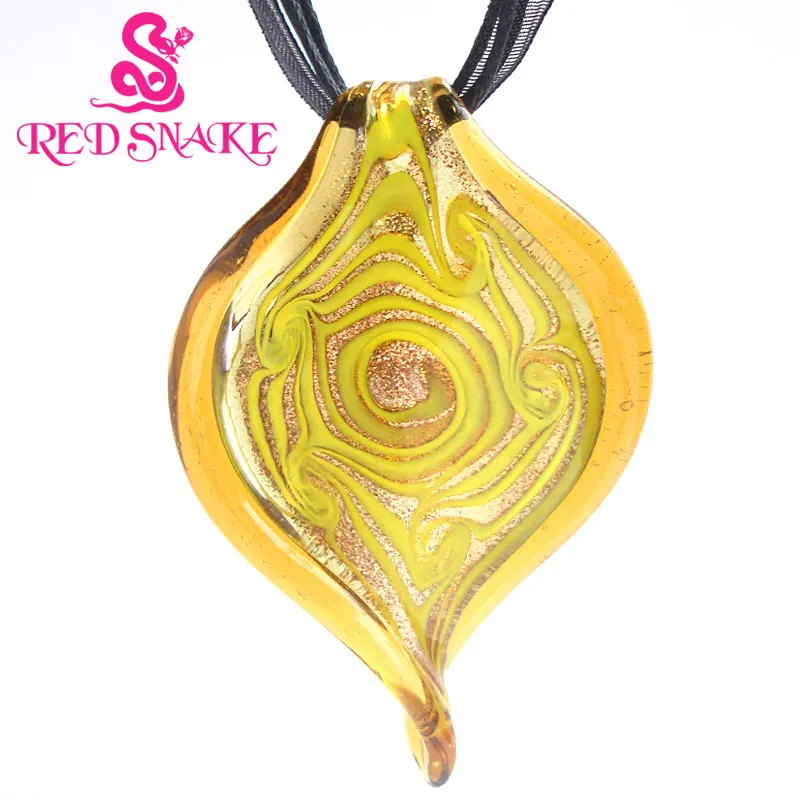 

RED SNAKE Champagne with yellow color Leaf Drop Abstract pattern Murano Glass Pendant Necklace