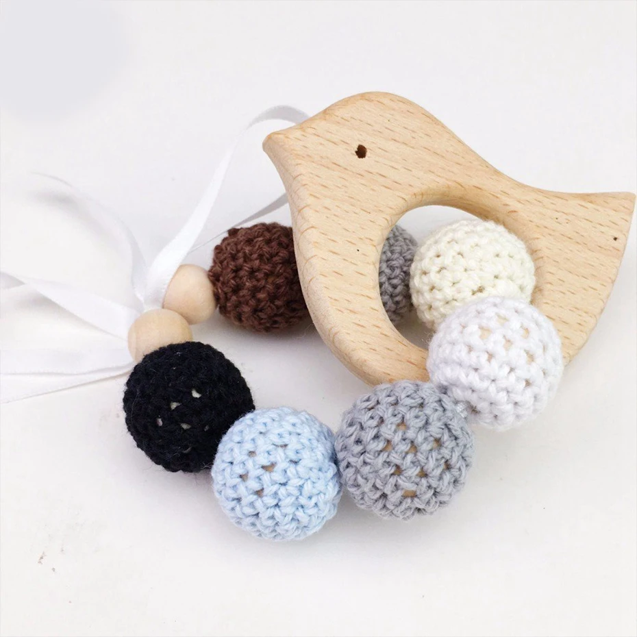 

1pc Baby Wooden Teether Beech Bird Wood Teething Montessori Toys Baby Rattle DIY Chewable Crochet Beads Bracelets Teether