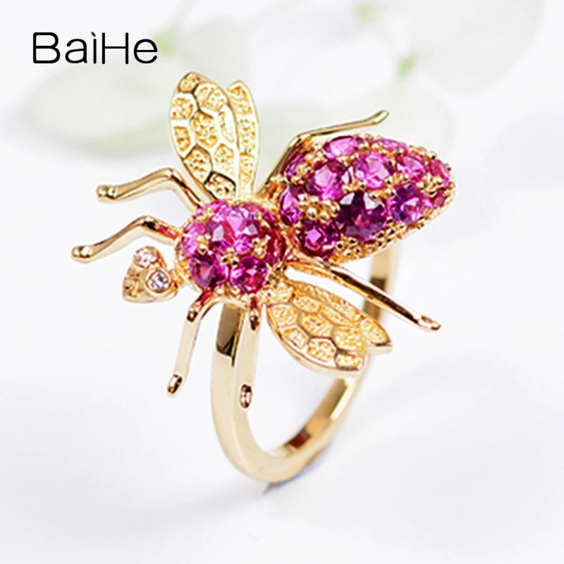 BAIHE Solid 14K Yellow Gold 0.80ct Natural Ruby Bee Ring Women Engagement Party Trendy Fine Jewelry Anneaux d'abeilles Anel