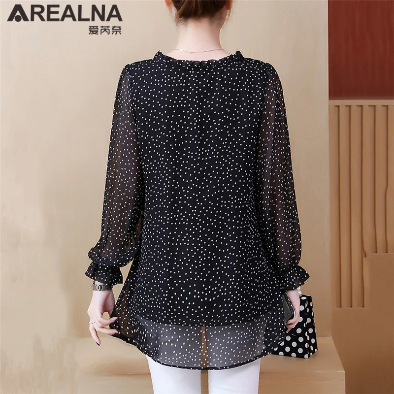 Elegant Women\'s Shirts Fashion Woman Blouses 2023 Polka Dot Chiffon Tunics Puff Long Sleeve Clothing Black Shirt Oversized Tops