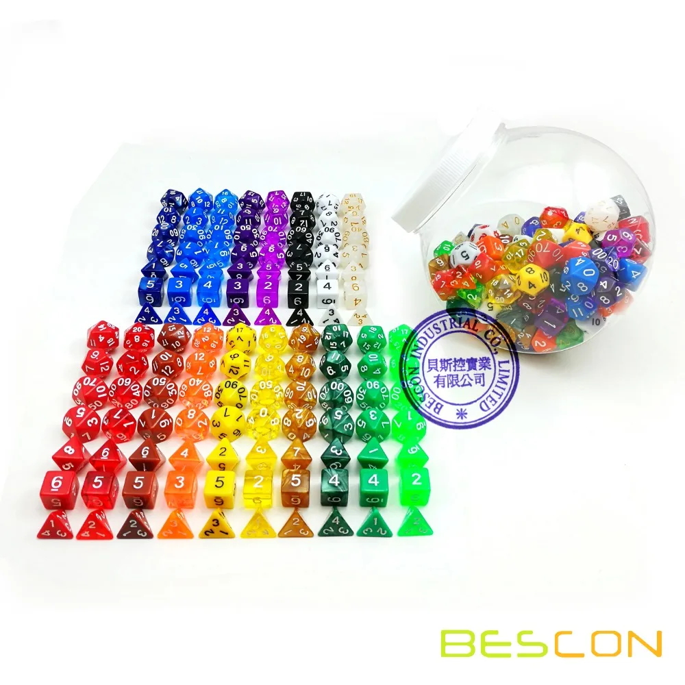 Bescon Assorted Colored RPG Dice Pack of 126 Polyhedral Dice 18 Complete Sets of 7 Dice 18 Different Colors - Clear Dice Jar Set