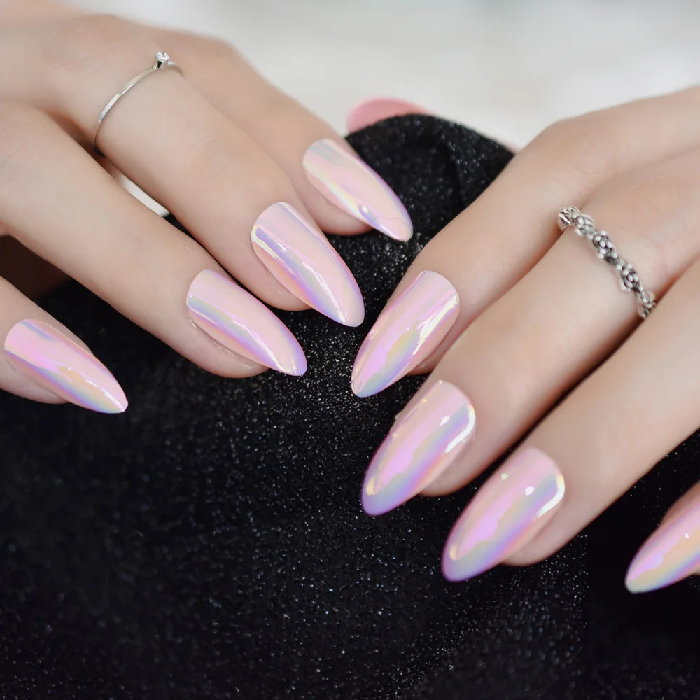 Nastro adesivo popolare per nail art olografico di mandorle rosa chiaro Specchio medio Nuovi suggerimenti per unghie Specchio lucido 24 pezzi