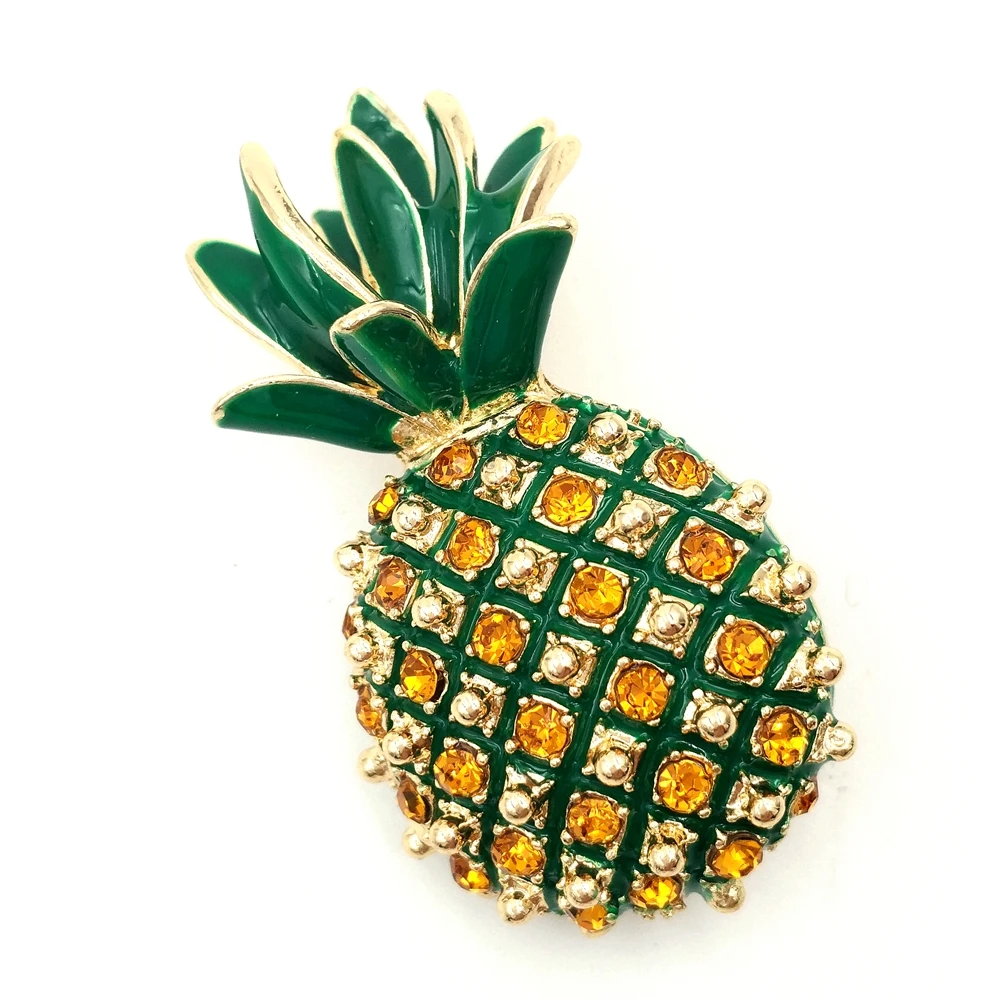 Vintage Micro Pave Yellow Orange Crystal Pineapple Brooch Gold Tone Enamel Leaf Cute Tropical Pineapple Pins Women Beach Jewelry