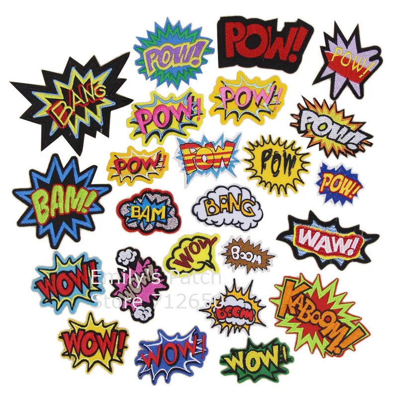 New arrival 10 pcs bam pow WOW BANG Embroidered patch iron on Applique clothing shoe hat embroidery patch badge DIY accessory