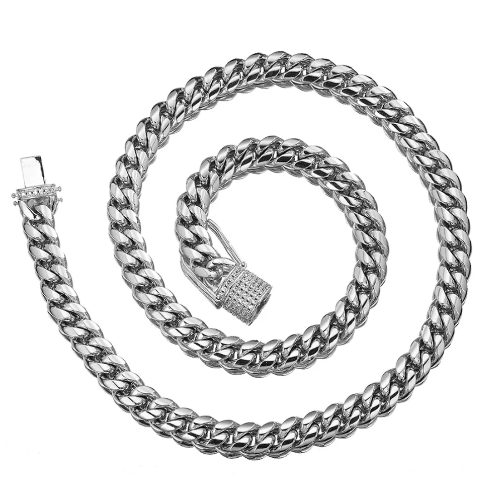 News Stainless Steel Curb Cuban Miami Chain Necklace Boys Mens Fashion Jewelry Rhinestone Clasp Link Silver Color Necklace