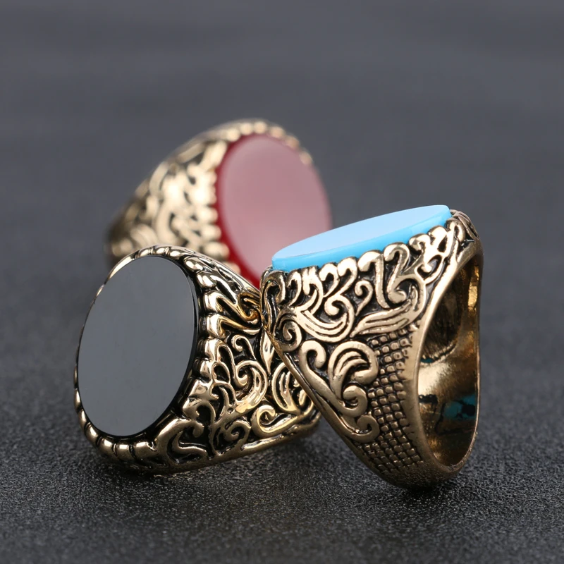 Wbmqda Luxury Vintage Big Black Stone Rings For Men Ethnic Turkish Indian Jewelry Antique Gold Color Signet Finger Ring