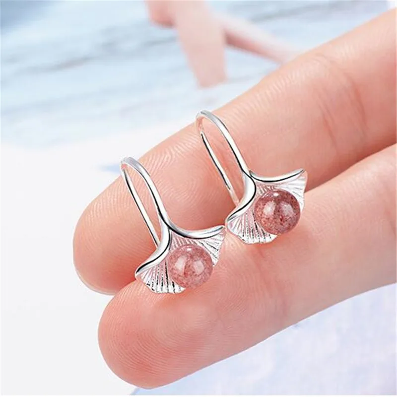 Nuevo Ginkgo Natural creativo Biloba Strawberry Crystal 925 Plata de Ley plateado rosa gancho de oreja diseño cuelga los pendientes SE829