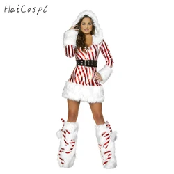 Good Quality Christmas Hoodies Dress White Red Stripes Style Sexy Hot Carnival Party Show Costume Women Slim Cosplay For Adult