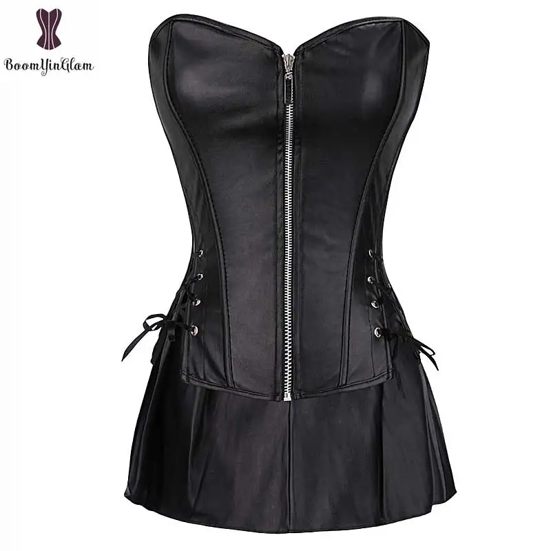 Corset Dress Suit Women Faux Leather Corsets Plus Size 6XL Synthetic Leather Korset Gothic Boned Bustier Front Zipper Corselet