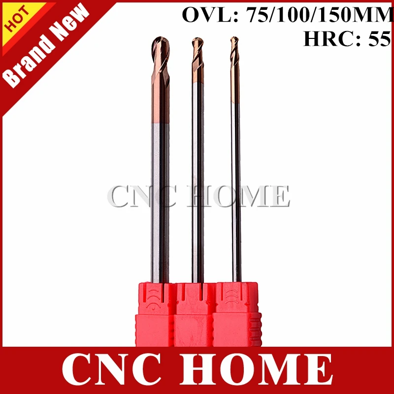 1pc HRC55 Molino de extremo de carburo Dos flautas Nariz de la pelota Endmill R1 R2 R3 R4 R5 Woodworking Radio largo Radio Bro