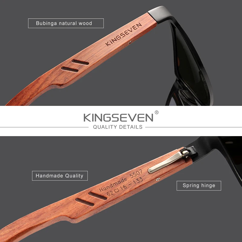 KINGSEVEN Design Handmade Natural Bubinga Wooden+Aluminum Sunglasses Men Polarized Fashion Sun Glasses Square UV400 Gafas De Sol