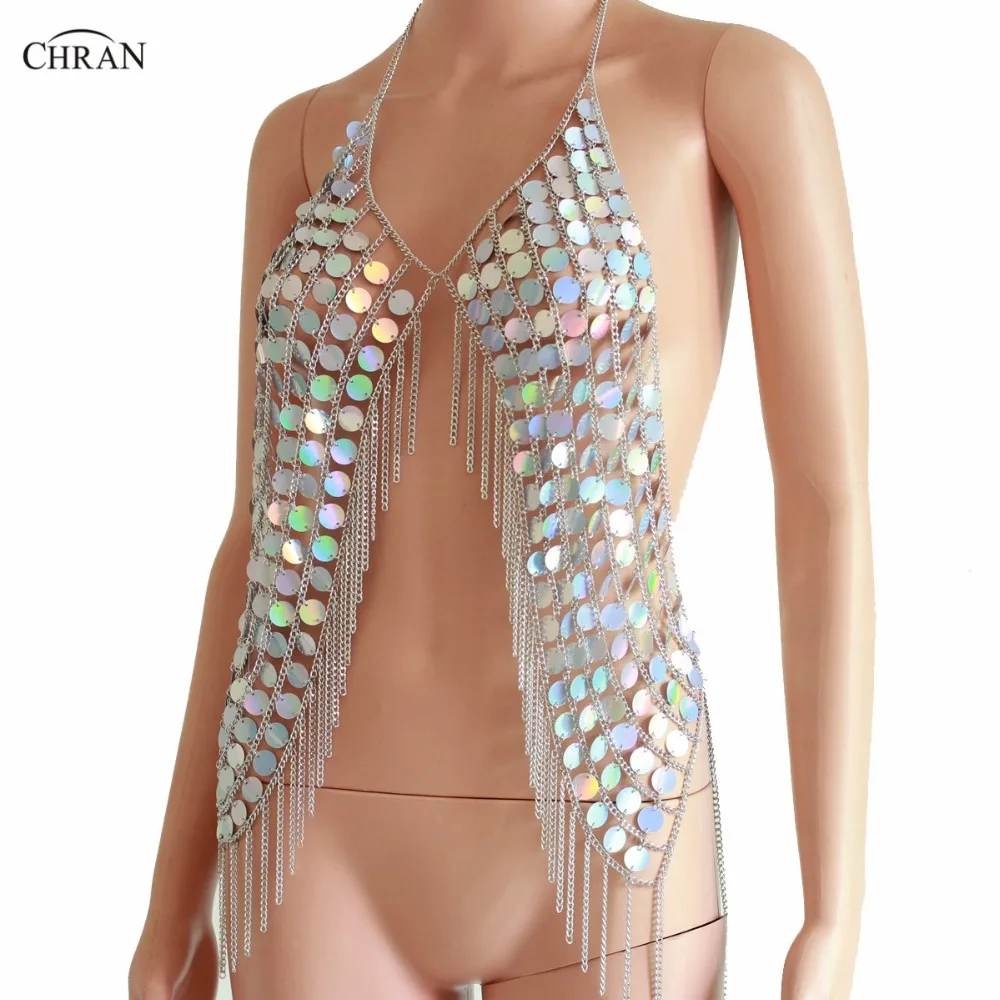 Chran New Sexy Spark Vest Summer Mermaid Crop Tops Tassel Halter Necklaces Bikini Wear Sequin Womens Party Jewelry Accessories