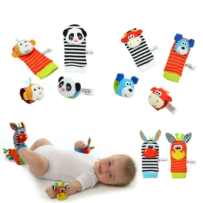 1set Animal Foot Socks Wrist Strap With Rattle Baby Bug Wrist Strap baby socks Baby Toy Baby Rattles Toys