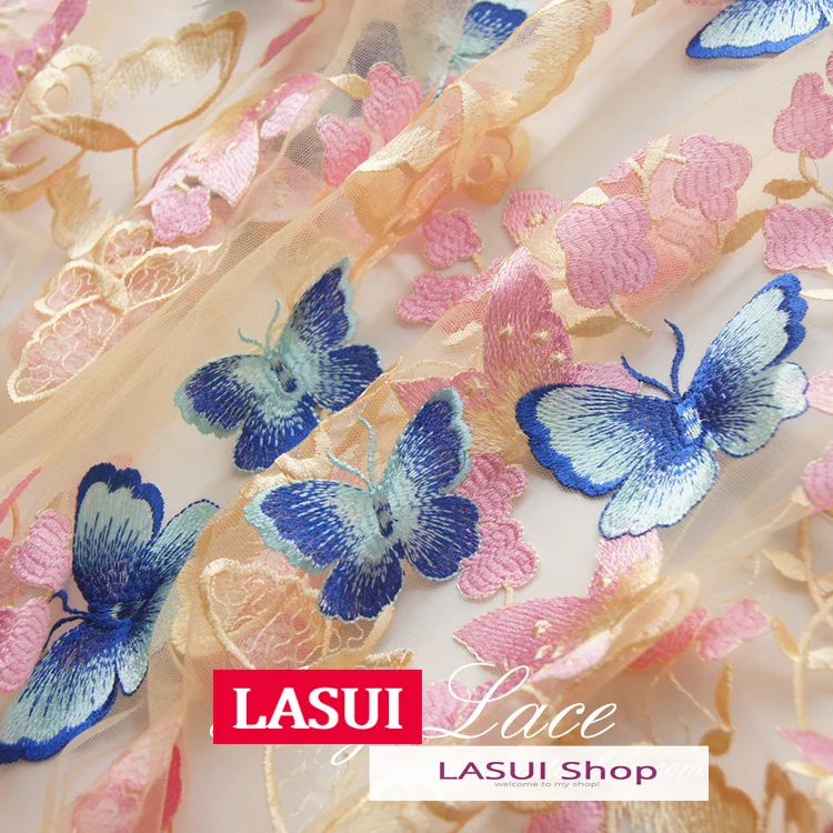 LASUI 1yard/1 lot  pretty Pink mix Blue Flower Butterfly Perspective Soft Mesh Embroidery Lace Fabric for diy dress X0354