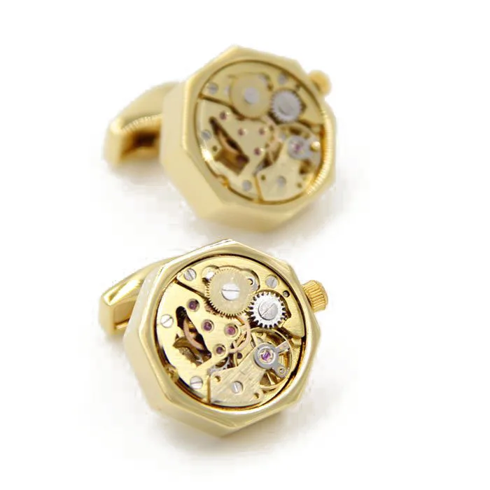 Letpon immovable Watch Movement Cufflinks for mens polygon Gold color Steampunk Gear Watch Mechanism Cuff links Relojes gemelo