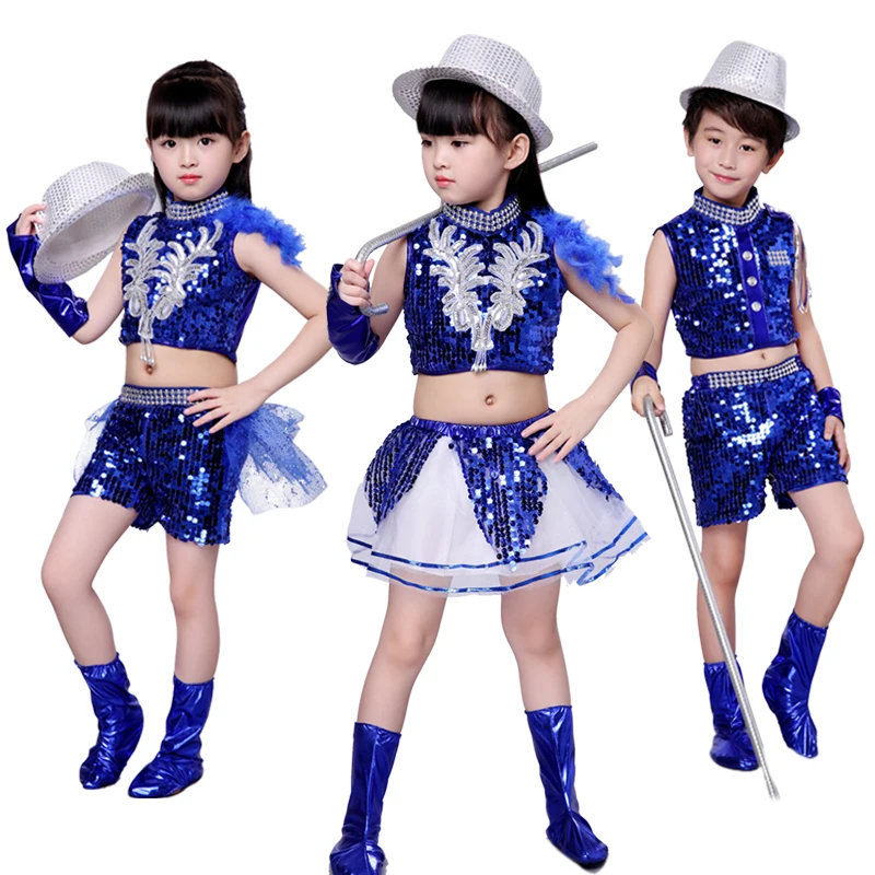 Nieuwe Kinderen Jazz Dans Moderne Cheerleading Kostuums Hip Hop Jongen Meisjes Crop Top En Broek Pailletten Jazz Dansvoorstelling set