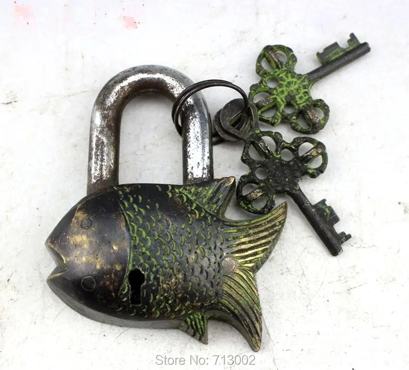 Antiquated Pure Copper lock Fish cyprinoid the padlock And Two Key Can Use