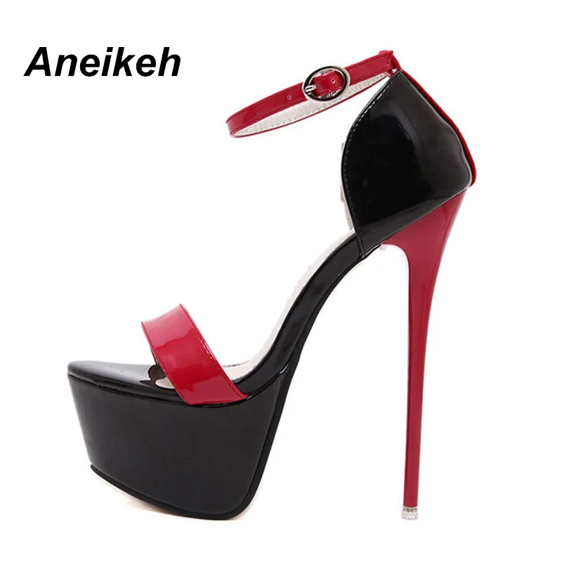 Aneikeh 2024 Fashion PU Platform Super High Heels Women\'s Open Toe Cover Heel Buckle Strap Thin Heels Sandals Party Pole Dance