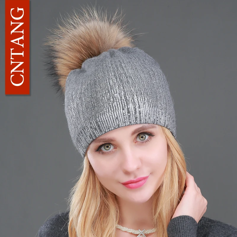 2024 New Winter Beanies Ladies Knitted Wool Warm Hats Fashion Pom Pom Real Raccoon Fur Caps Skullies Hat For Women Print Fur Cap