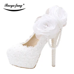 BaoYaFang white flower Women wedding shoes Bride Party dress shoes woman High heel platform shoes ladies handmade Lace shoe