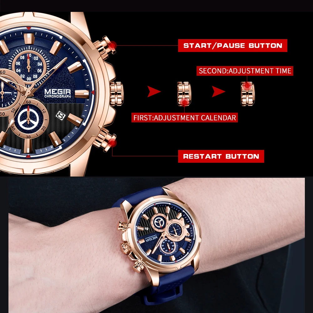 MEGIR Fashion Sport Men Watch Luxury Brand Waterproof Quartz Silicone Chronograph Mens Watches Military Clock Relogio Masculino