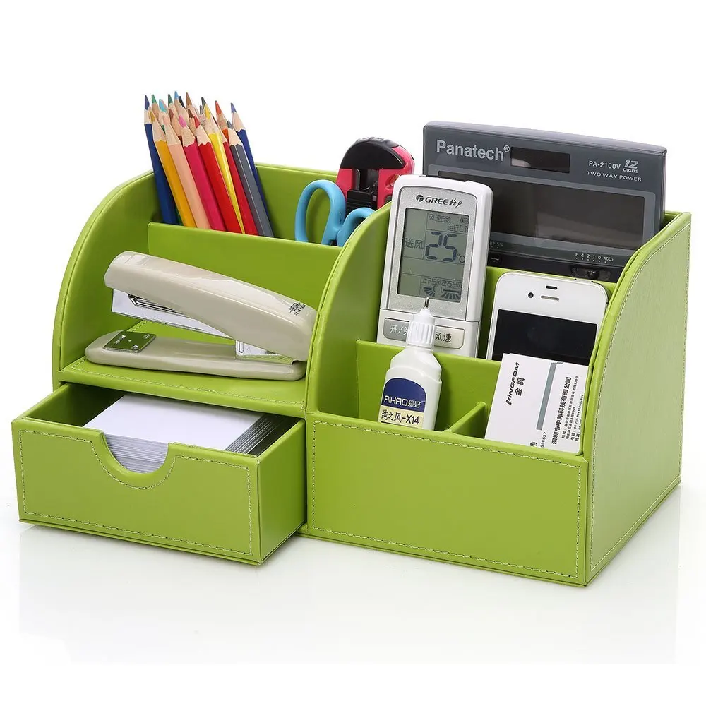 

Green 7 Storage Compartments Multifunctional PU Leather Office Desktop Organizer, Stationery Storage Box Collection Pen Holder