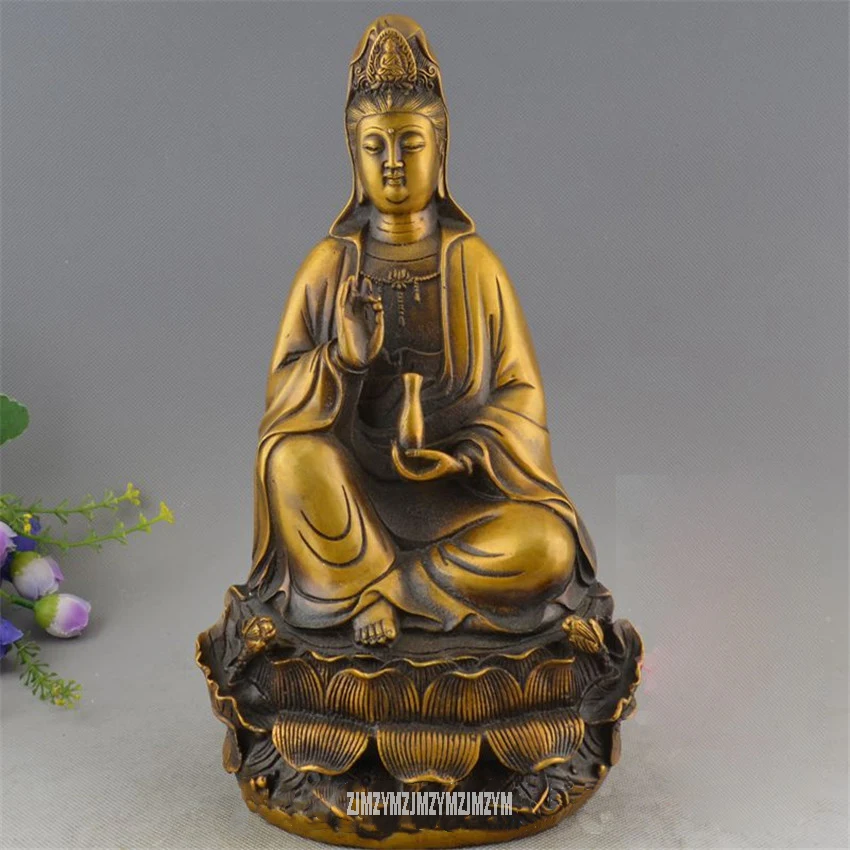 21cm Height Chinese Tibet Buddhism Buddha Sculpture Bronze Seat Lotus Kwan-yin Guan Yin Statue Figurines Temple Home