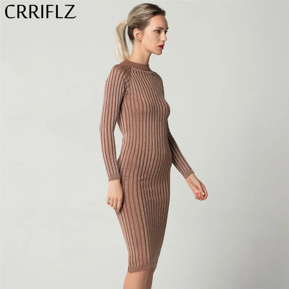 CRRIFLZ Slim Bright Silk Dress O Neck Knit Long Sleeve Dress For Women Bodycon Pencil Dress Office Lady Spring Autumn