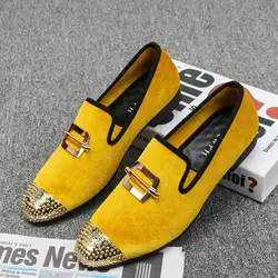 XQWFH 2023 New Gold Velvet and Gold Toe Men Loafers Fashion Party Wedding Men  Dress Shoes Men's Flats Sneakers