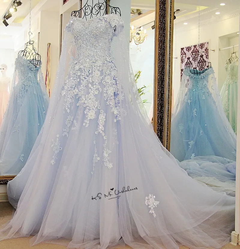 Baby Blue Boho Wedding Dresses 2018 Lace Robe de Mariage Luxury Wedding Gowns Sparky Princess Ball Gown Bride Dress Beads Boda