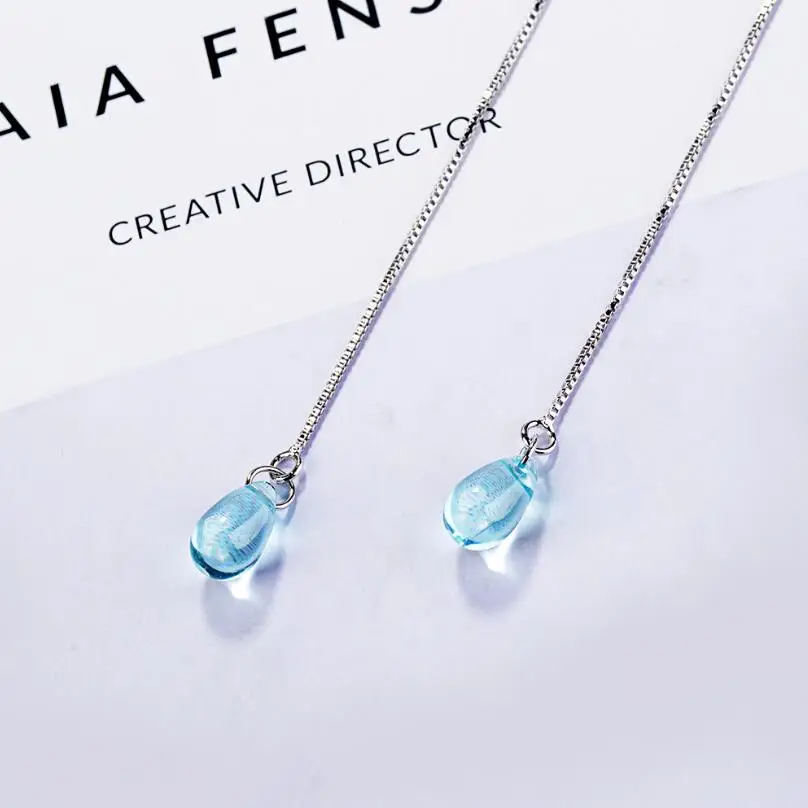 New Korean Literary Sweet Blue Crystal Water Drop Earrings For Women Pendientes Jewelry Gift Brincos SAE481